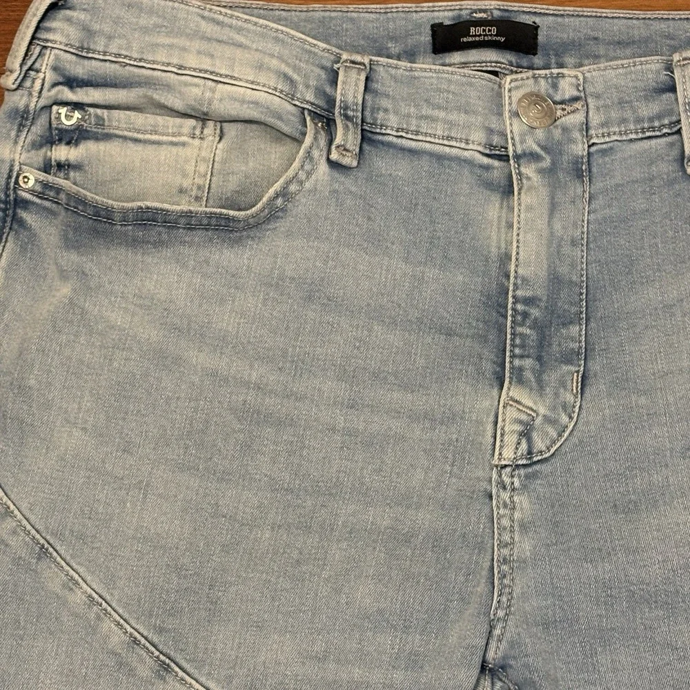 True Religion Rocco Moto Jeans Mens 36x32 Light Wash Relaxed Skinny Denim